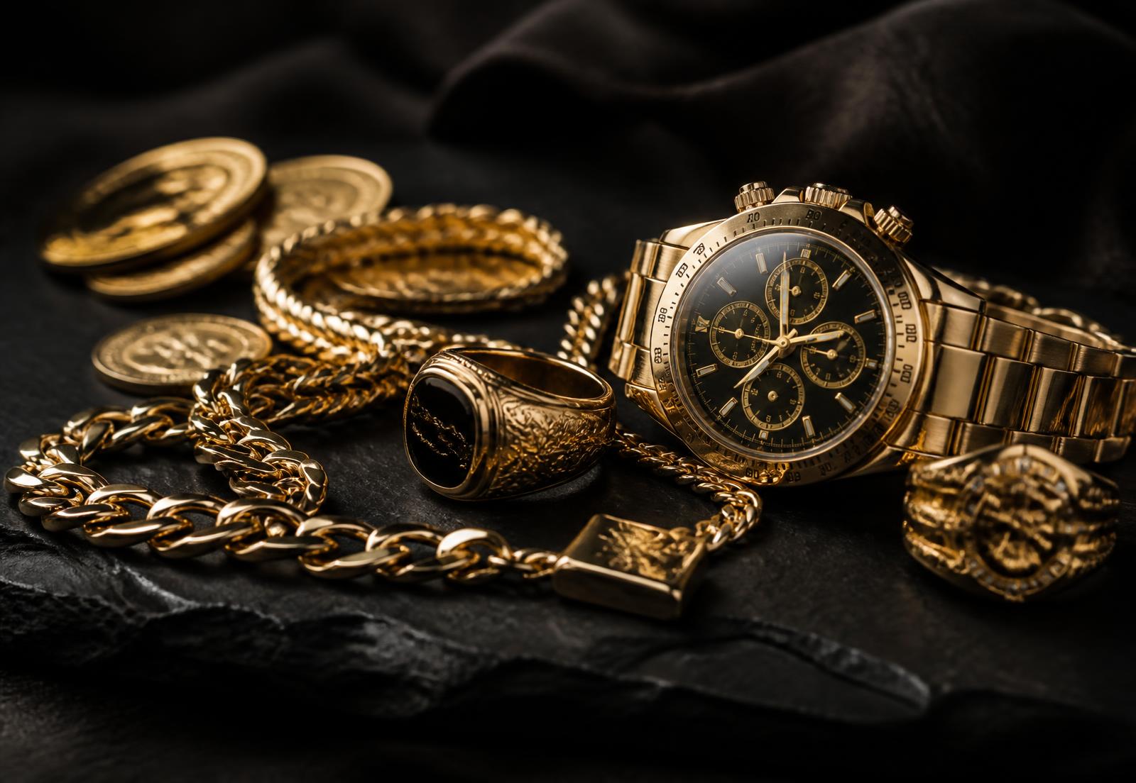 Gold chains, rings and a gold watch on a dark slate surface at a North Miami pawn shop