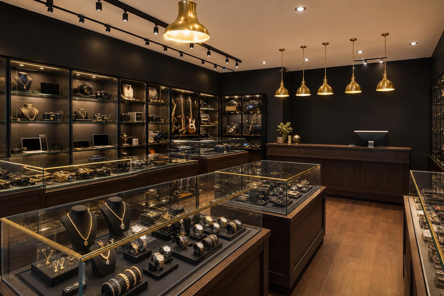 Jewelry and watch display cases inside AAA Pawn & Guns in North Miami